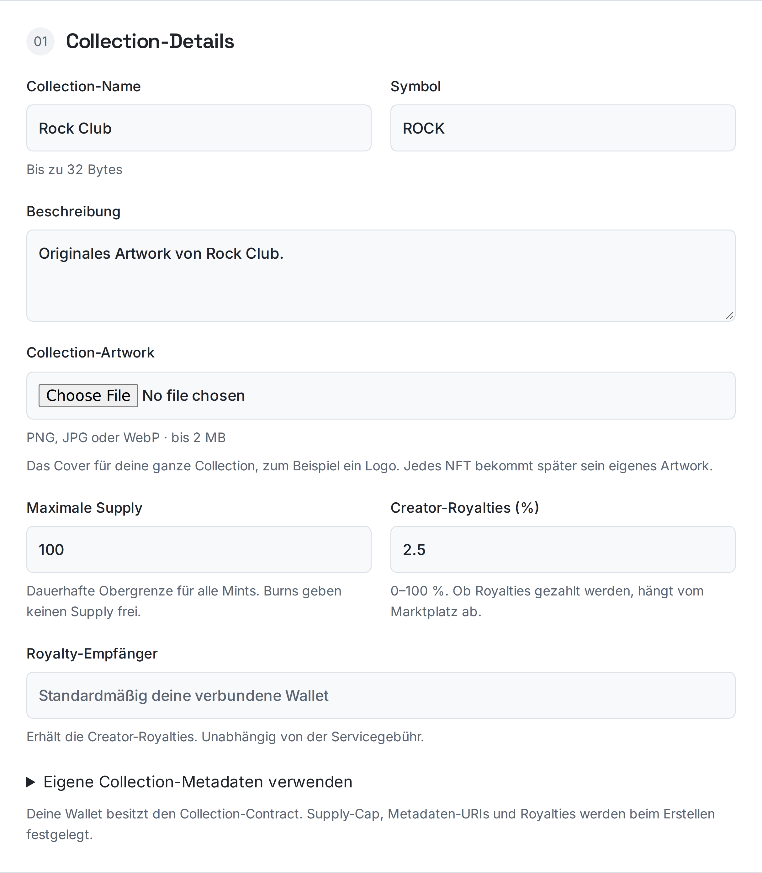 Ethereum NFT-Collection-Creator mit Supply-Limit und Royalty-Einstellungen.