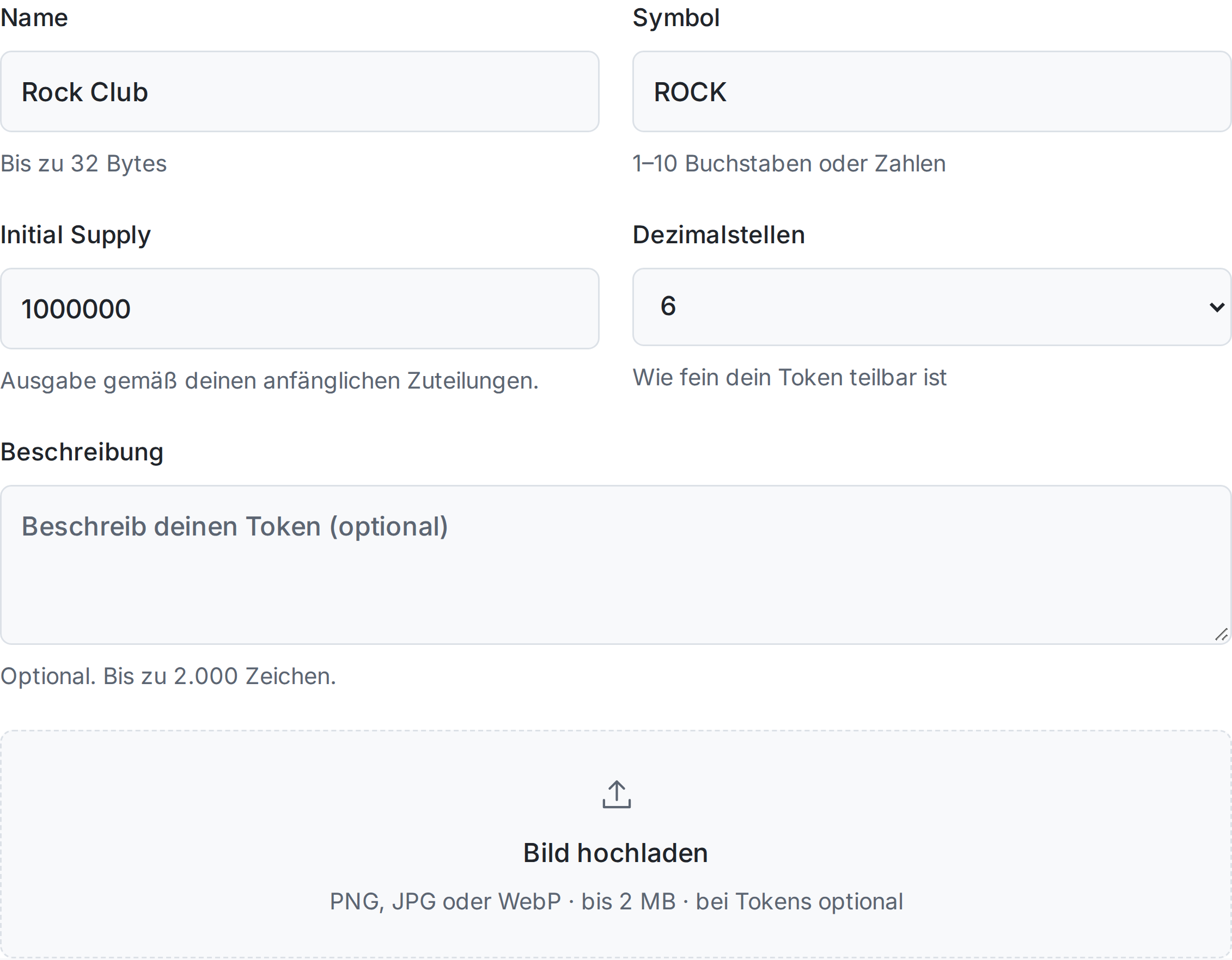 Meme-Coin-Creator mit Feldern für Namen, Symbol und festen Supply.