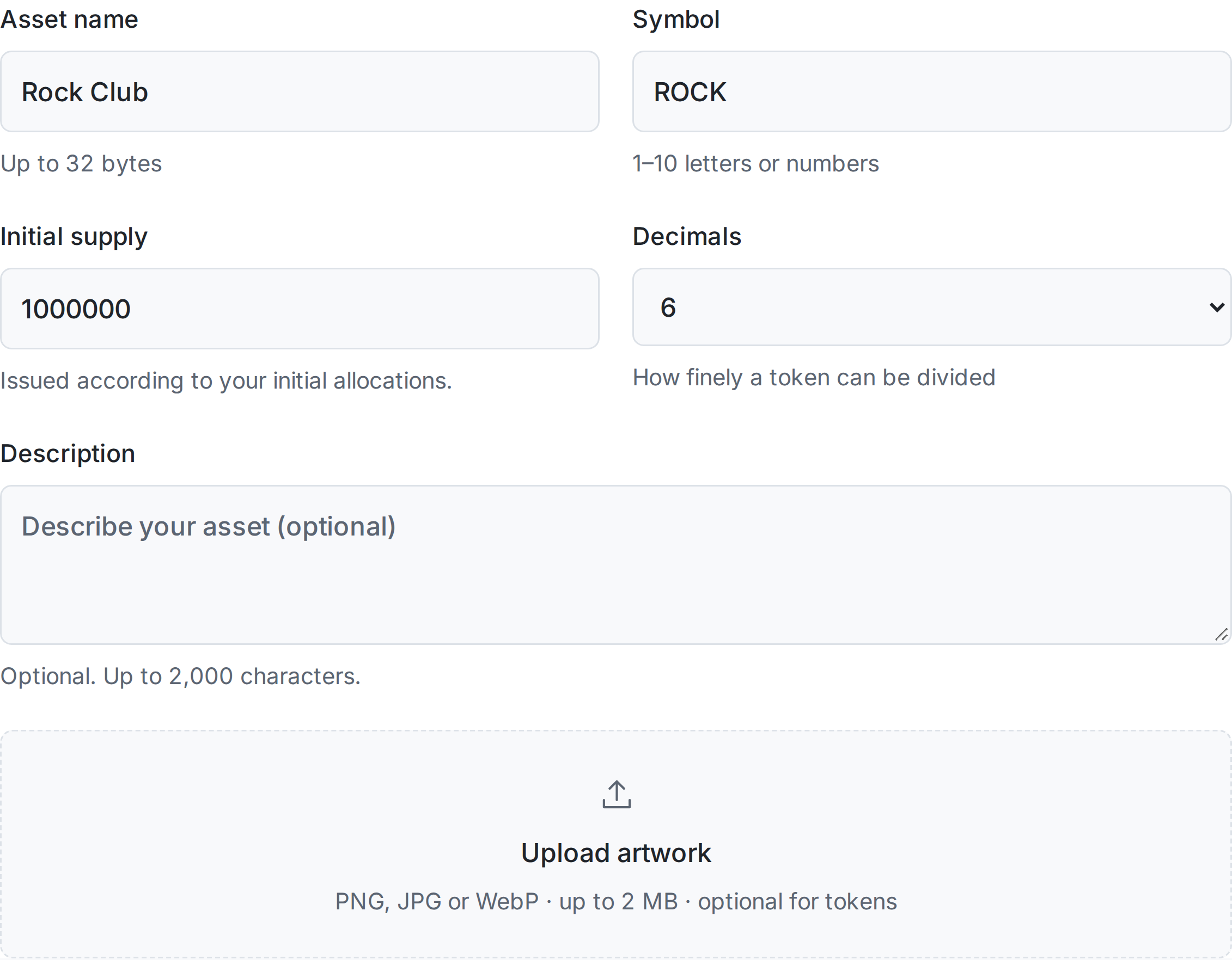 Ethereum ERC-20 creator with its name, symbol, supply and decimals fields.